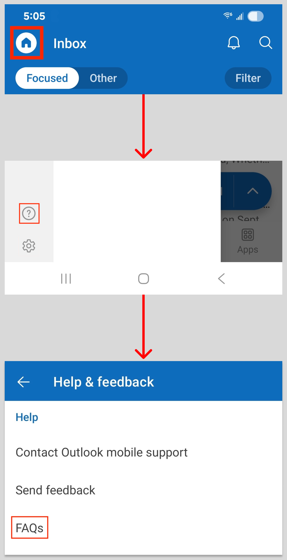이 이미지는 Android용 Outlook에서 FAQ 기능을 사용하는 방법을 보여줍니다.