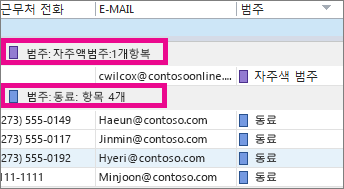 범주 열 머리글을 클릭하여 색을 기준으로 목록을 정렬합니다.