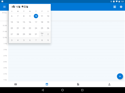 월 날짜 선택기가 열려 있고 8월 10일이 선택된 Android 태블릿 일정