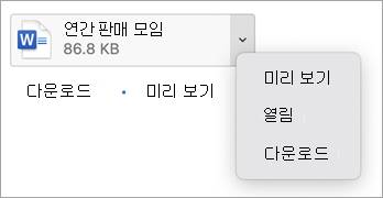 드롭다운 메뉴에서 미리 보기, 열기 또는 다운로드를 선택합니다.