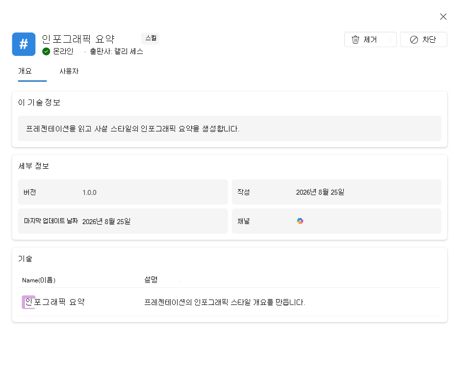 기술의 세부 정보, 사용자, 버전 및 배포 상태를 보여주는 스크린샷.
