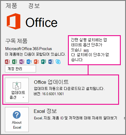 간편 실행 설치의 계정 페이지에 업데이트 옵션 단추가 있는 스크린샷. MSI 기반 설치에는 이 단추가 없습니다.
