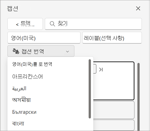 캡션 창의 캡션 번역 드롭다운을 보여 주는 스크린샷
