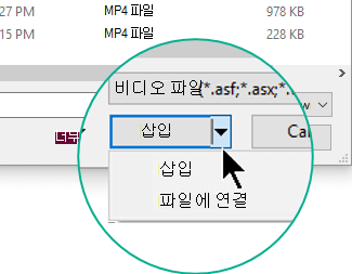 비디오 삽입 대화 상자에서 삽입(포함을 의미함) 또는 파일에 연결 중에서 선택합니다.