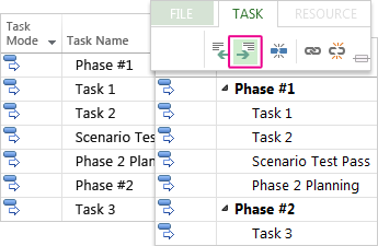 Gantt 차트로 표시된 작업 목록(요약 작업 및 하위 작업 포함)