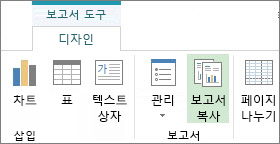 보고서 도구 디자인 탭의 보고서 복사 단추