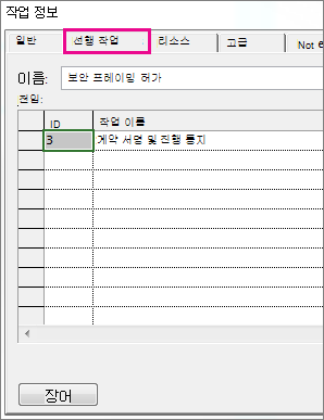 선행 작업 탭을 표시하는 작업 정보 상자