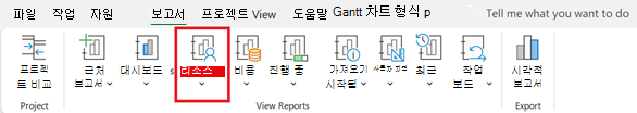 보고서 탭의 리소스 단추