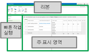 리본 메뉴, 빠른 실행, 주 표시 영역