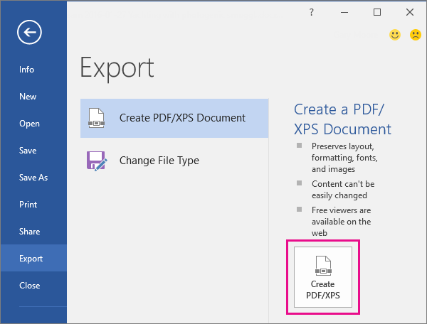 Word 2016 내보내기 탭의 PDF/XPS 문서 만들기 단추.