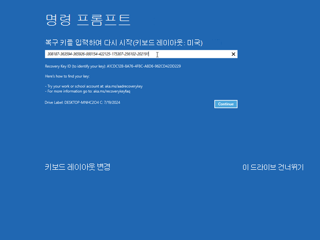 다른 BitLocker 복구 키와 계속 단추를 보여주는 명령 프롬프트 복구 화면