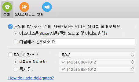 대리자를 추가할 어떻게 할까요? 있나요? 기본 설정 대화 상자의 통화 페이지에서 도움말 링크