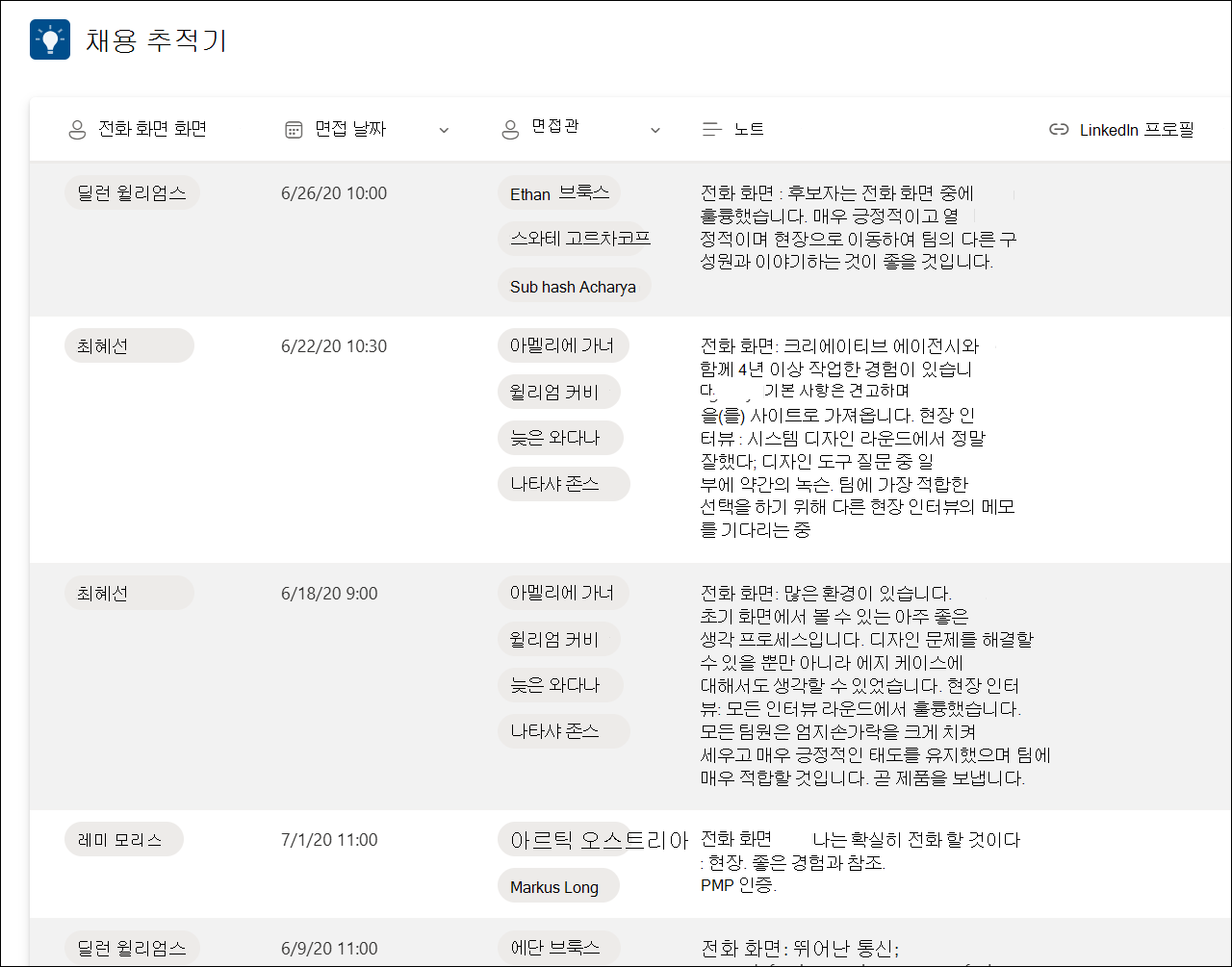 목록 템플릿 채용 추적기 샘플의 스크린샷