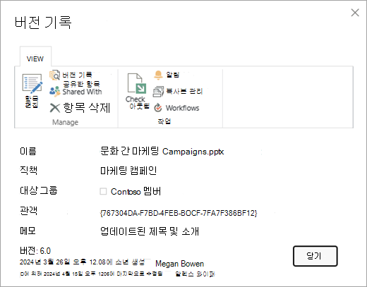지정된 파일에 대한 버전 기록 대화 상자입니다.