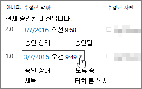 버전 드롭다운 대화 상자 단추