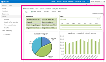 Excel Web Access 웹 파트에 표시된 예제 통합 문서