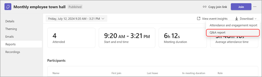 날짜, 기간, 참석자 등 이벤트에 대한 세부 정보가 포함된 모임 레코딩과, 인사이트 및 보고서에 액세스하고 모임에 참가하는 옵션의 스크린샷.