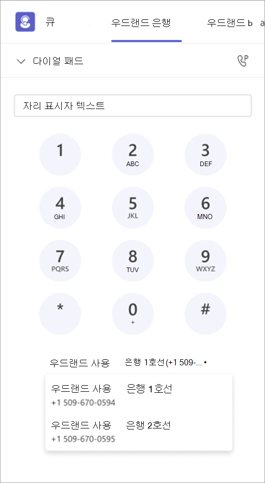 아웃바운드 통화 옵션이 있는 다이얼 패드를 보여 주는 스크린샷