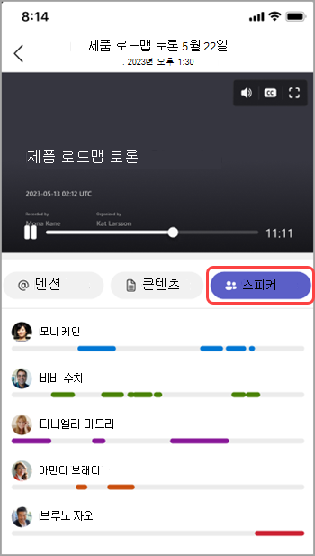 Teams 모임 요약에서 발표자를 봅니다.