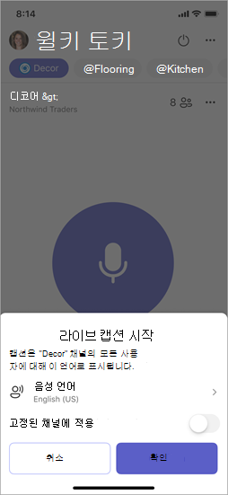 라이브 캡션을 켤 때의 옵션을 보여 주는 스크린샷