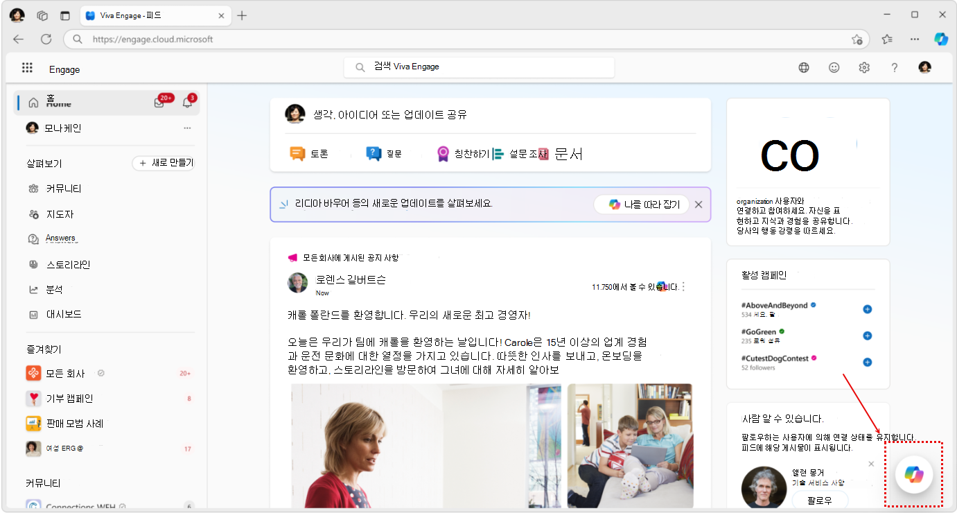 왼쪽 아래에서 Copilot 아이콘을 선택하여 Copilots 쿼리 페이지를 엽니다.