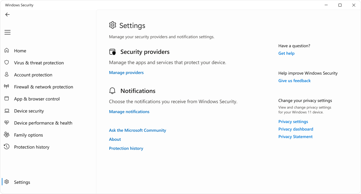 Windows 보안 앱의 설정 페이지 스크린샷