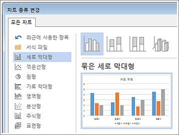 선택한 차트와 미리 보기가 표시된 차트 삽입 대화 상자