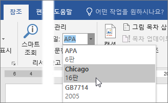 참조 탭의 스타일 목록에서 인용 스타일을 선택합니다.