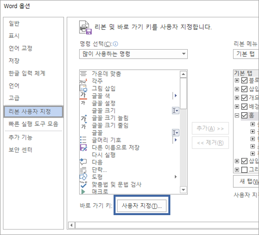 리본 및 바로 가기 키 사용자 지정 창의 사용자 지정 단추