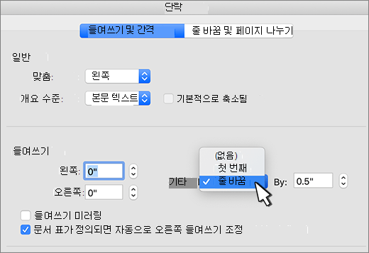 내어쓰기 선택