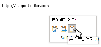 커서가 세 번째 텍스트만 유지 옵션 위에 마우스를 가져가는 옵션 메뉴를 붙여넣습니다. 처음 두 개의 붙여넣기 옵션은 원본 서식 유지 및 병합 서식 지정입니다.