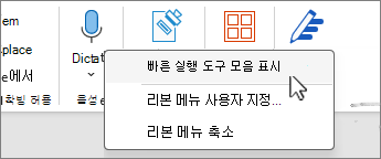 메뉴에서 선택한 빠른 실행 도구 모음 표시