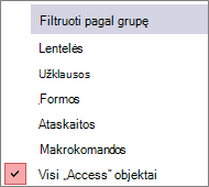 Naršymo srities meniu Filtruoti pagal grupę