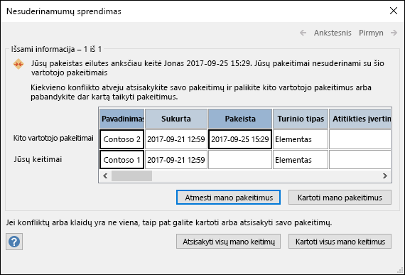 Norėdami spręsti duomenų konfliktus, naudokite parinktis, esančias dialogo lange Konfliktų sprendimas.