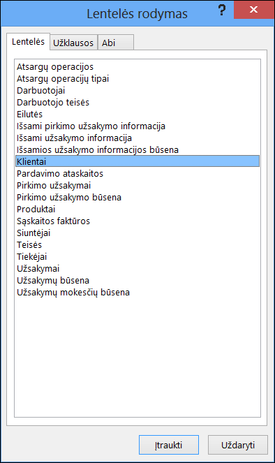 Dialogo langas Rodyti lentelę programoje „Access“, kuriame rodomi lentelių pavadinimai