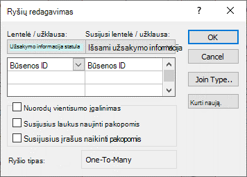 Dialogo langas Ryšių redagavimas, kuriame yra esamas ryšys