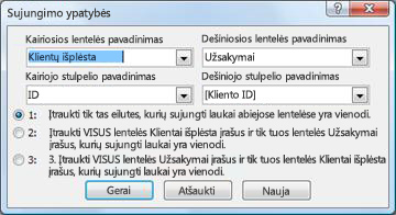 Dialogo langas Sujungimo ypatybės