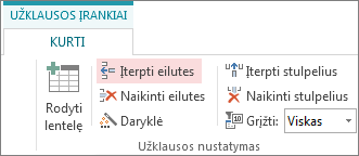 Mygtukas Įterpti eilutes skirtuke Užklausos įrankių dizainas