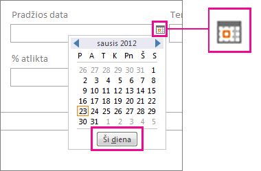 Pažymimas datos parinkiklio mygtukas Šiandien.