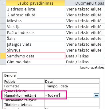 Datos / laiko lauko numatytosios reikšmės nustatymas „Access“ lentelėje.