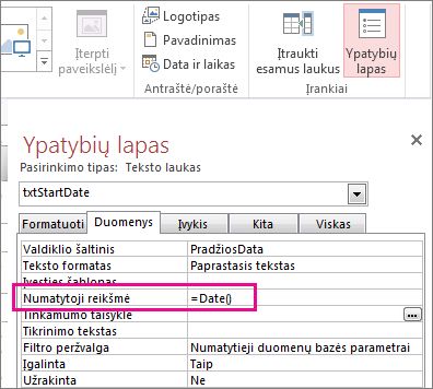 Ypatybių lapas, rodantis numatytosios reikšmės ypatybę, nustatytą į „Date()“.