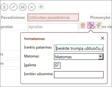 Redagavimo režime esančiame rodinyje rodomi teksto lauko formatavimo parametrai.