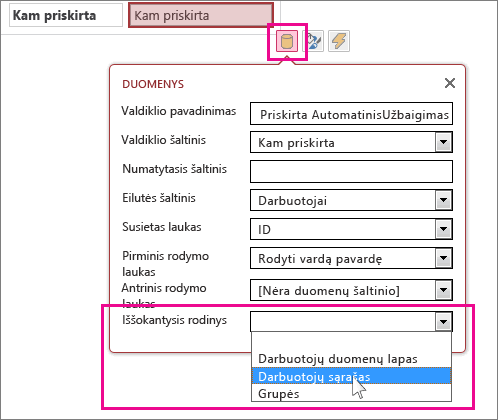 Valdiklio Automatinis vykdymas iššokančiojo rodinio pasirinkimas.