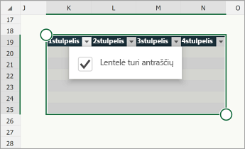 Lentelė su pažymėtu žymės langeliu Lentelėje yra antraščių