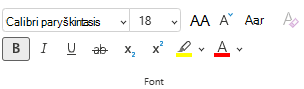 Parinktys juostelės meniu Šriftas internetinėje „PowerPoint“.