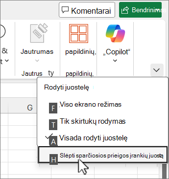 Klaviatūros komanda, skirta slėpti sparčiosios prieigos įrankių juostą