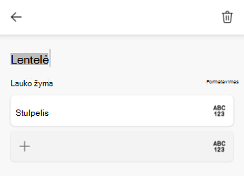 Lentelės pavadinimo teksto laukas programoje 