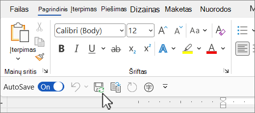 Numatytoji sparčiosios prieigos įrankių juostos vieta