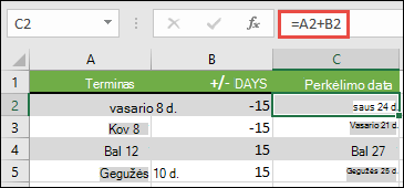 Pridėkite arba atimkite dienas iš datos naudodami =A2+B2, kur A2 yra data, o B2 yra dienų skaičius, per kurį reikia pridėti ar atimti.