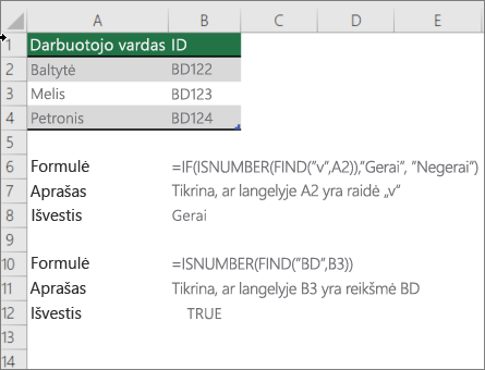 Pavyzdys, kaip naudojant funkcijas IF, ISNUMBER ir FIND tikrinti, ar langelio dalis atitinka konkretų tekstą